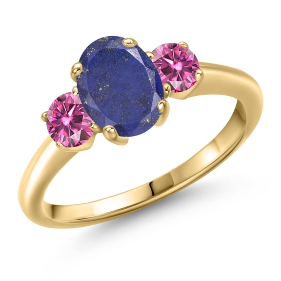 Gem Stone King 10K Yellow Gold Blue Lapis and Pink Moissanite Engagement Ring for Women | 1.86 Cttw | Oval 8X6MM | Gemstone Birthstone | Size 9
