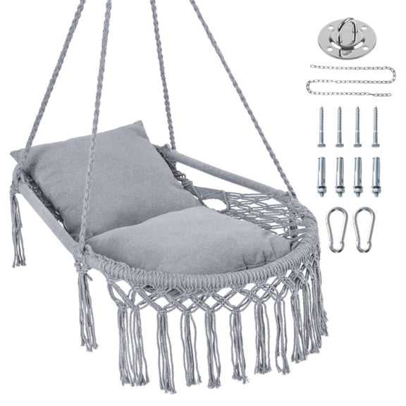 Gray Boho Macrame Hanging Swing Chair with 2 Padded Cushions, 330LBS Capacity Hammock Chair for Indoor Outdoor Bedroom Patio Balcony