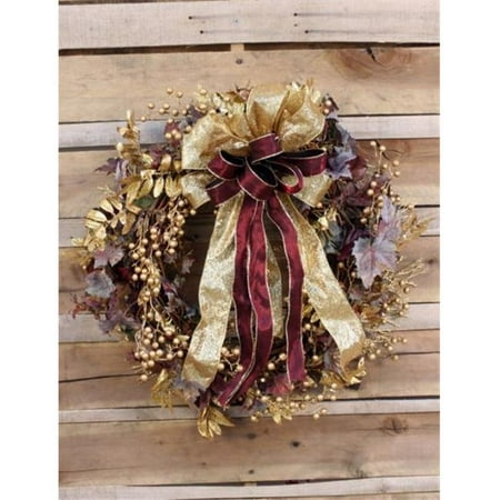 distinctive designs xa-252 frosted grape leaf wreath with metallic gold leaves and berries accented with gold and burgundy ribbons - metallics