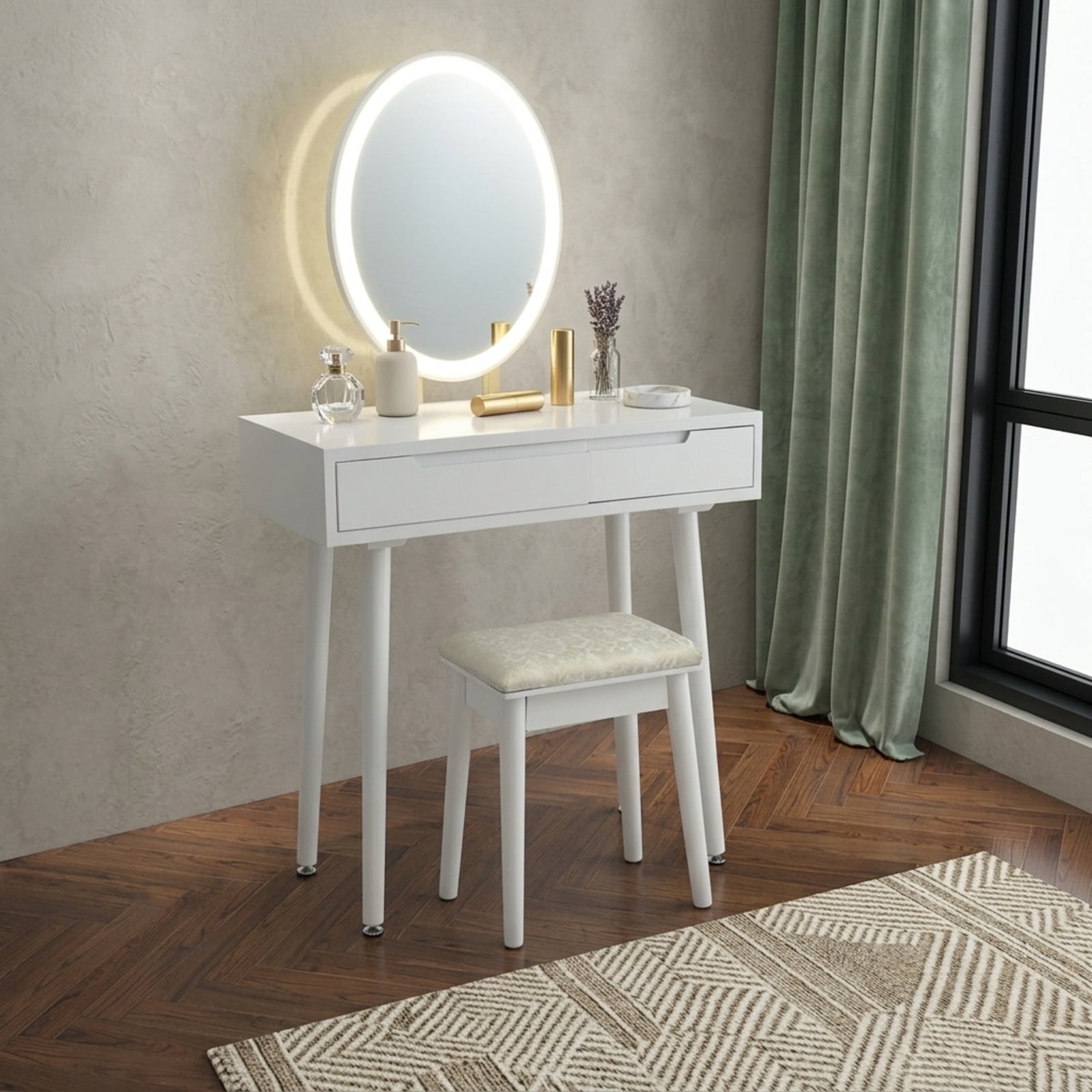 Furnibear Touch Screen Vanity Makeup Table Stool Set with Lighted Mirror for Bedroom Makeup Dressing Room Vanity Desk Mirror Set, White
