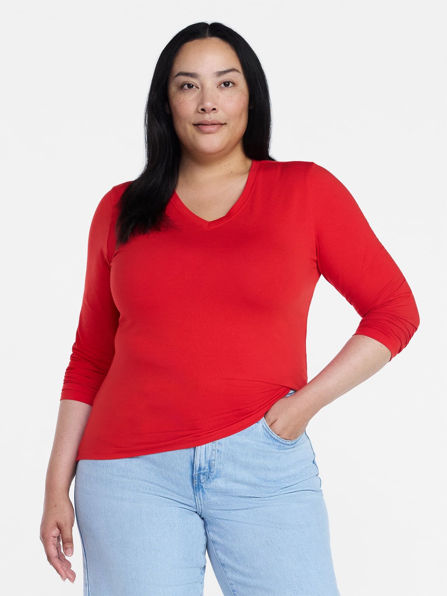 Time and Tru Women's Slim V-Neck Tee with Long Sleeves, Sizes XS-XXXL