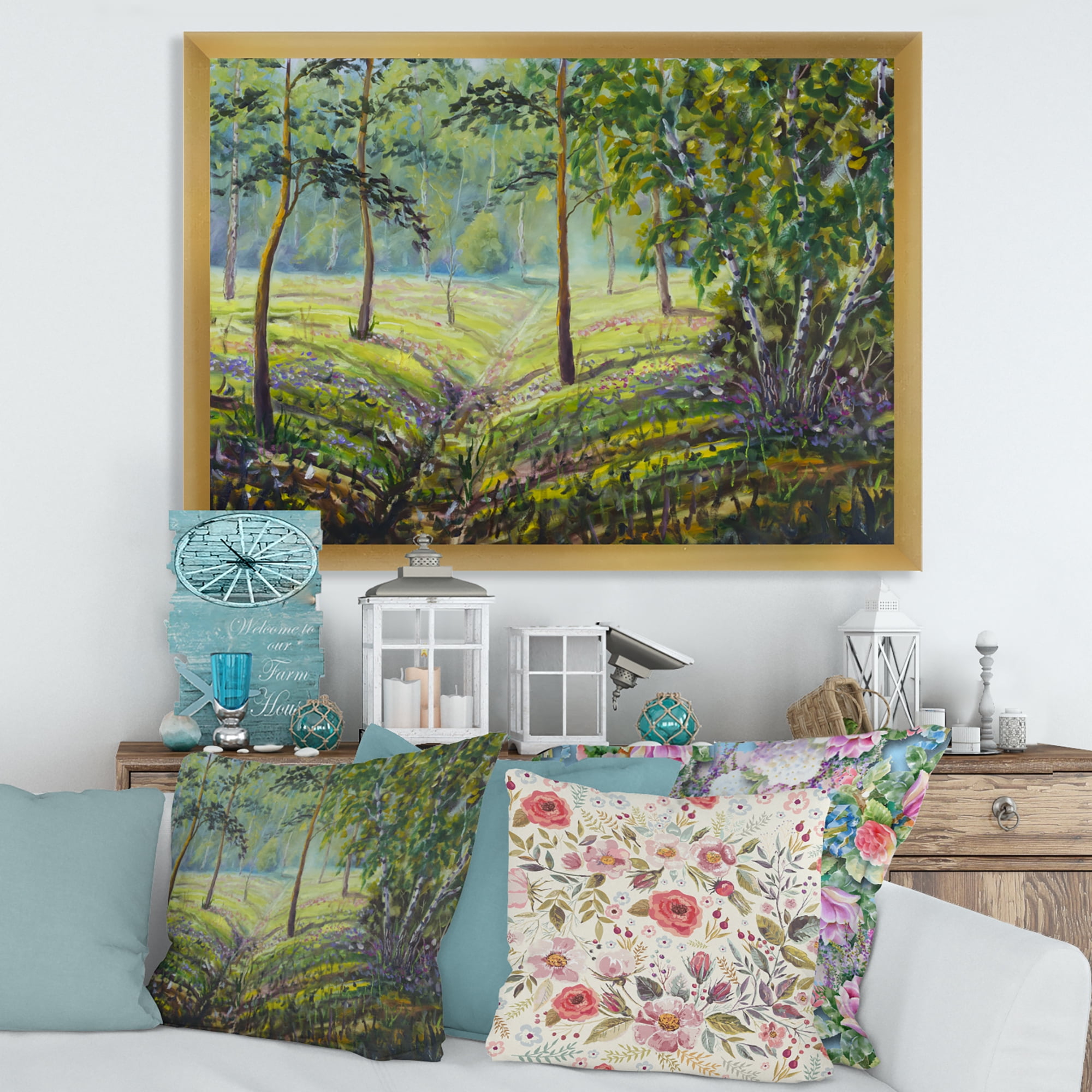 Designart 'Bushes and Pine Trees In The Forest I' Lake House Framed Art Print