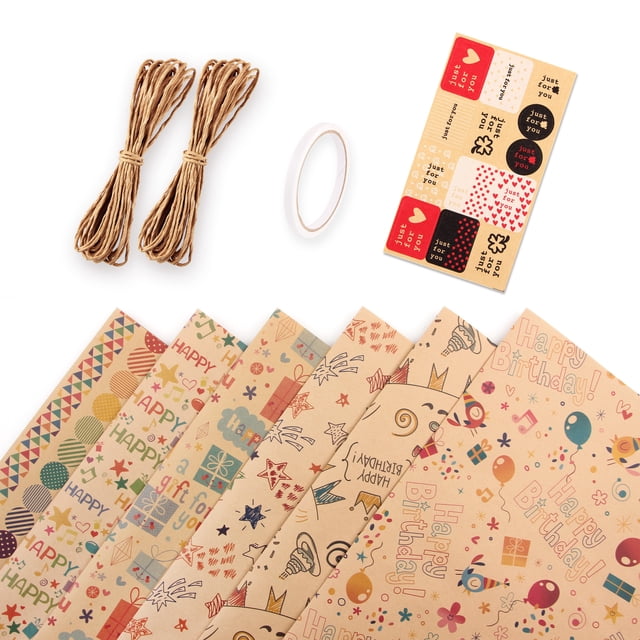 Tignapoo 6-Piece Kraft Paper Gift Wrap Set - 50x70cm, Ideal for Birthdays, Holidays & Special Occasions, Includes Tape, Rope & Stickers