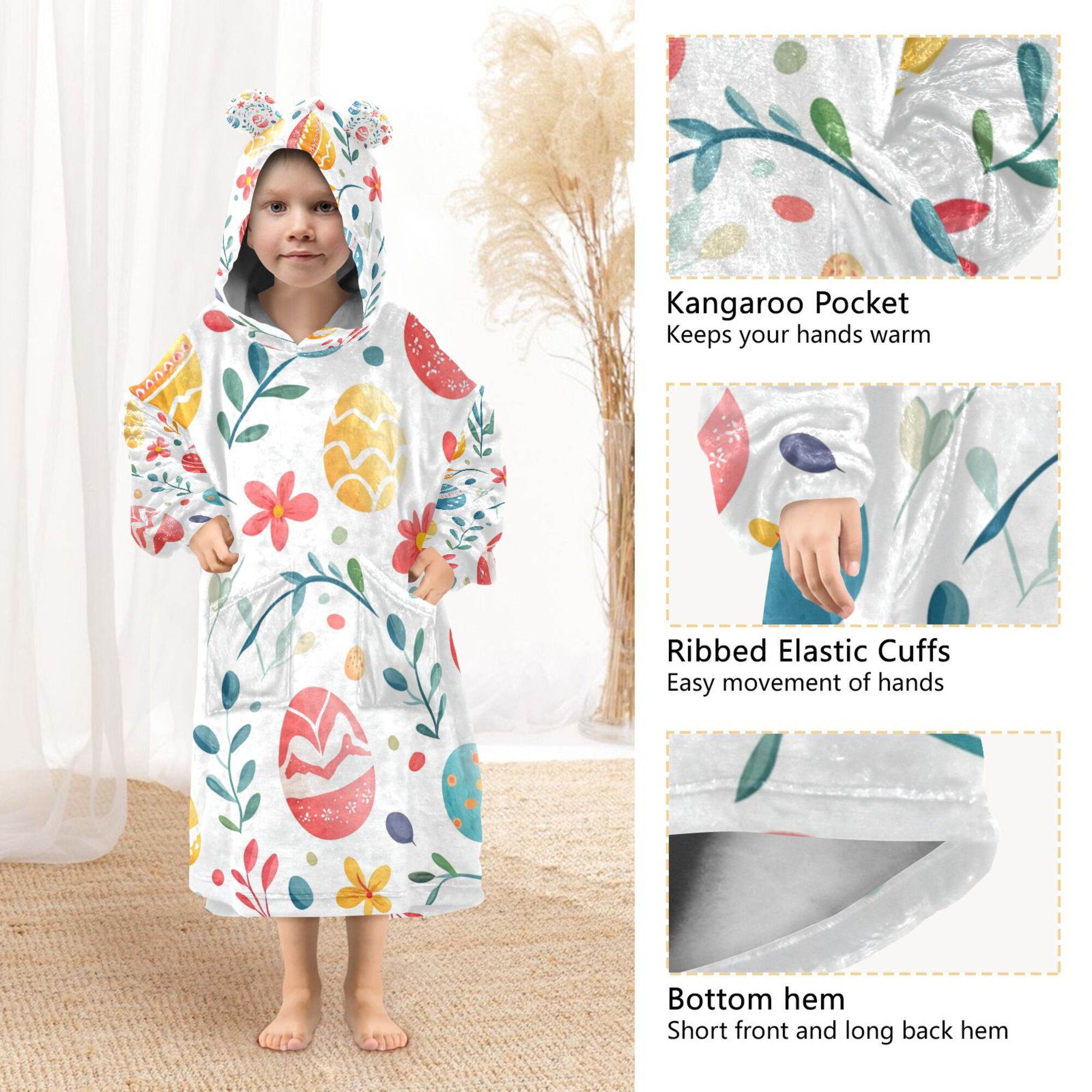 FORMRS Wearable Blanket Hoodie with Sleeves for Kids Cozy Flannel Sweatshirt, Cute Easter Eggs