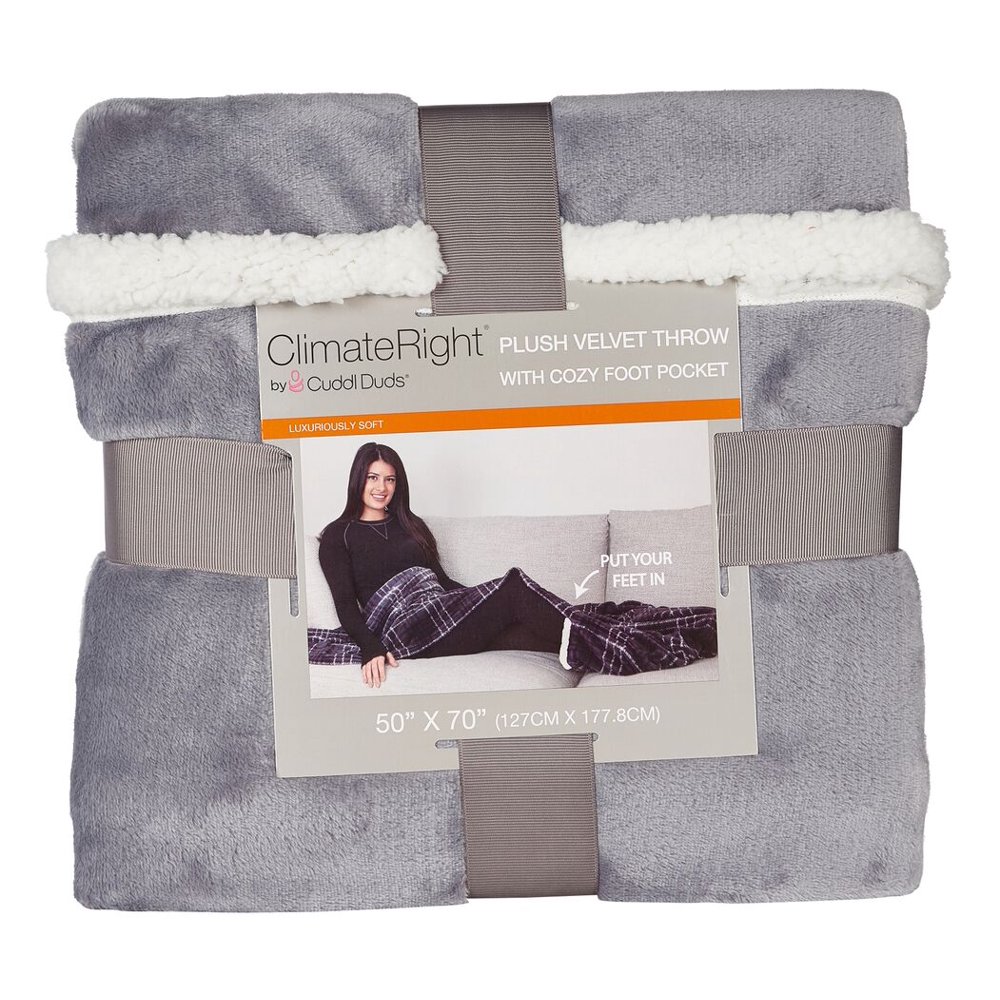 Oversized Velvet Plush Throw Blanket with Cozy Foot Pocket, Solid Grey
