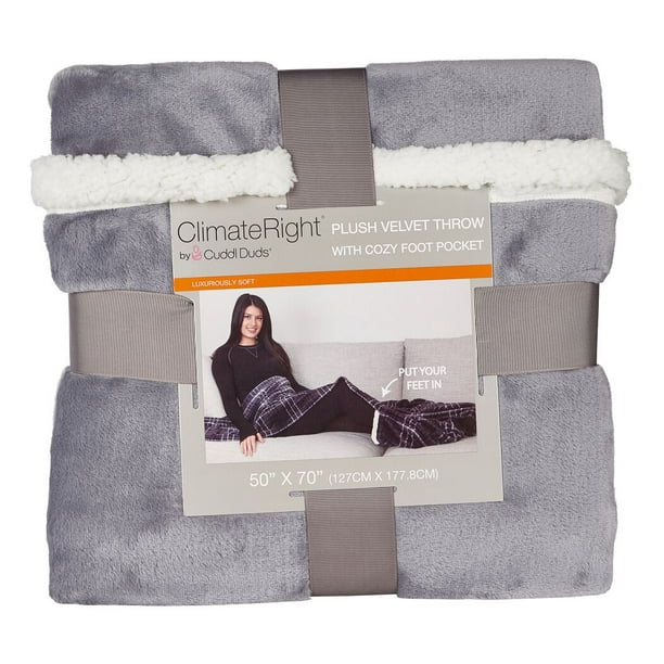 Oversized Velvet Plush Throw Blanket with Cozy Foot Pocket, Solid Grey