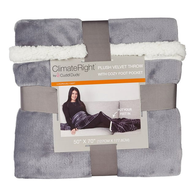 Oversized Velvet Plush Throw Blanket with Cozy Foot Pocket, Solid Grey ...