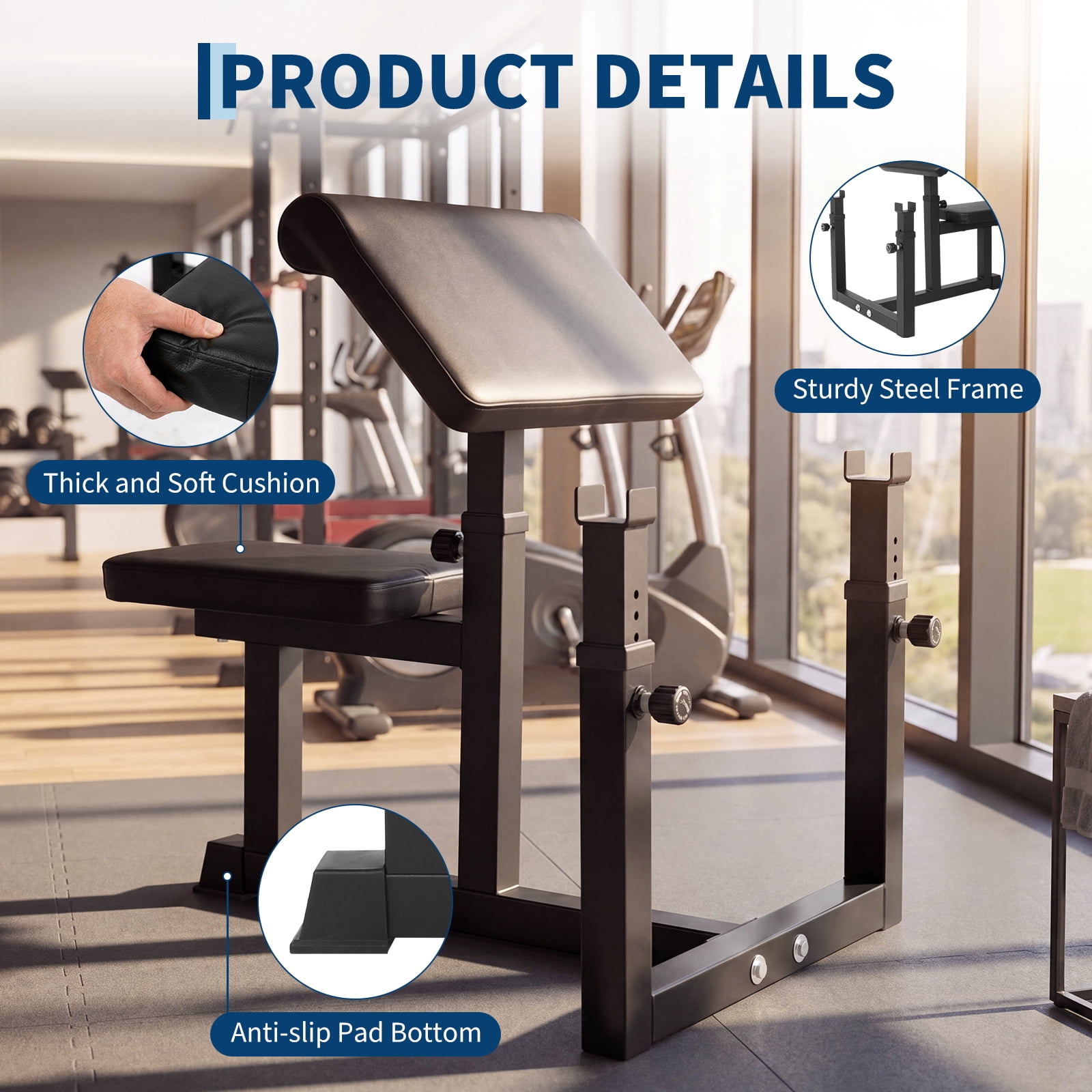 Preacher Curl Bench, Adjustable 5-Level Arm & 6-Level Rack, 300 LBS Capacity, 2" Thick Cushions