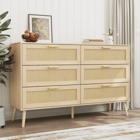 47.2" Modern Rattan 6 Drawers Dresser with wood Handles, for Living Room, Bedroom, Hallway, Natural