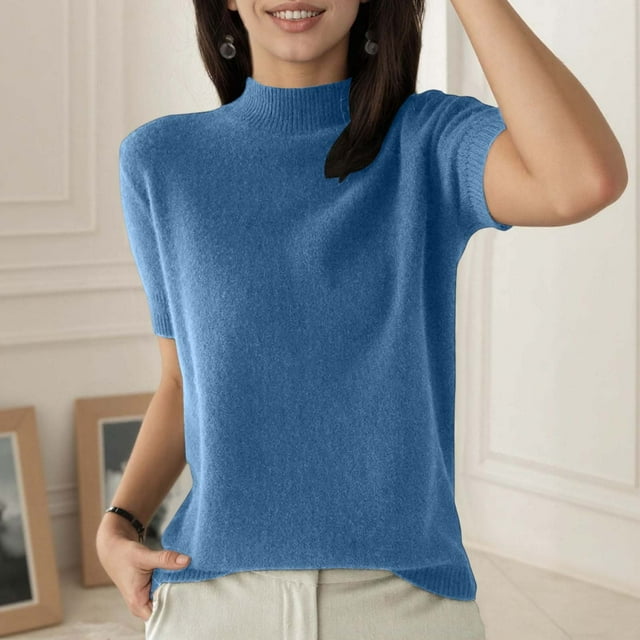 Chandail Décontracté en Tricot pour Femmes, Doux, Extensible, Confortable, Léger, Respirant, Basique, Col Rond, Manches Courtes, Mode