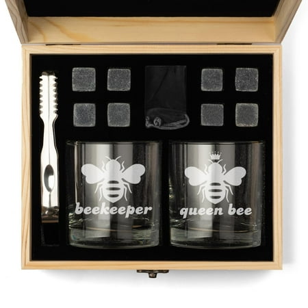 

Whiskey Glass Gift Box Set with Whiskey Stones and 2 Rocks Glasses Set of 2 Queen Bee Beekeeper Gift Funny Couple His and Her Bride and Groom Wedding Engagement Anniversary Bridal Shower