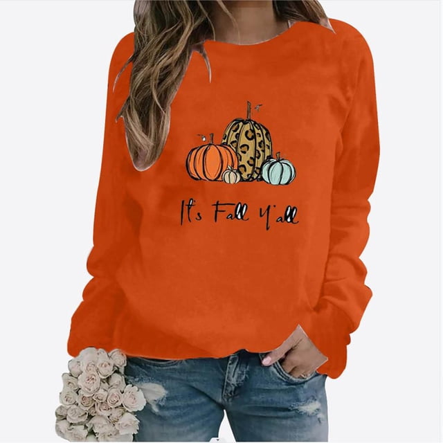 DPTALR Femmes Confortable Décontracté Courge à Lettres Imprimées Chandail à Col Rond Manches Longues T-Shirt Blouse Hauts