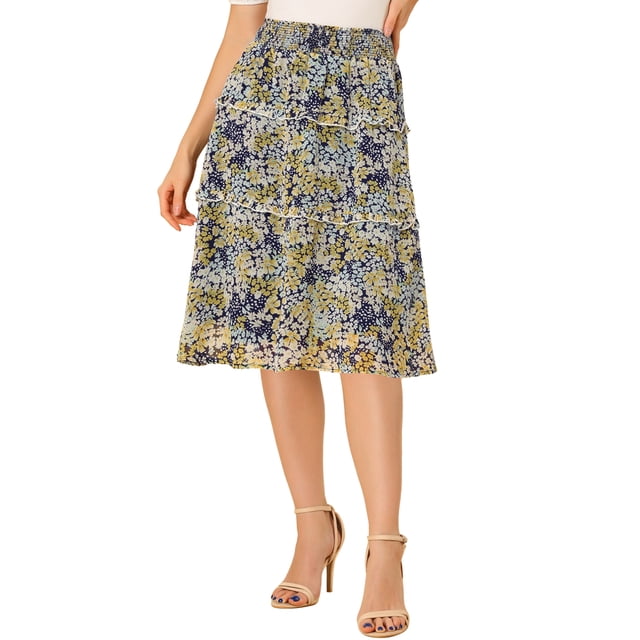 Unique Bargains Women's Floral Print Tiered Ruffle Skirt, Dark Blue, L