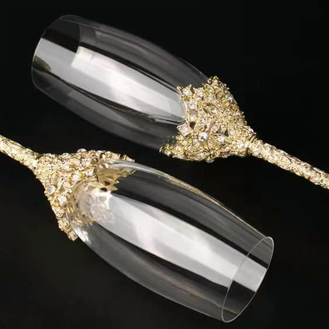 Champagne Flutes - Crystal Glass Metal Base With Crystal Stones, Set of 2 Toasting Flute Pair, Wedding Anniversary Party Birthday Banquets and Gifts for Bride and Groom7oz