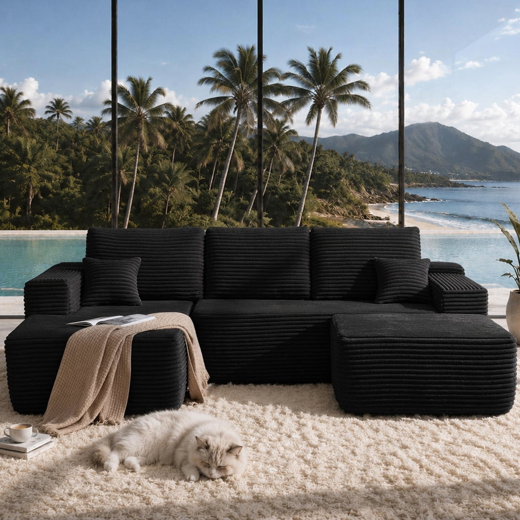 Cloud Sectional Sofa 104 Inch, U-Shape Modular Couch with Side Pockets and Deep Seating, Upholstered Living Room Sofa, No Assembly Required, Black, Left Chaise