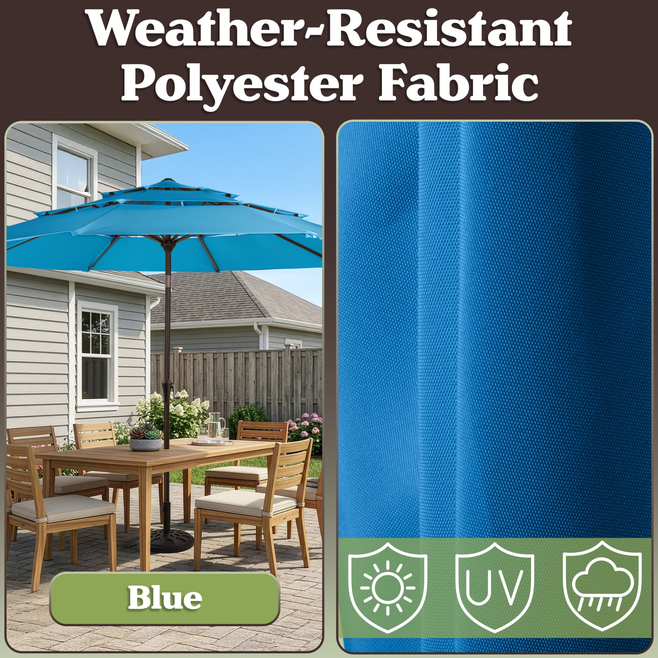 Pure Garden 10ft 3-Tier Umbrella for Patio Shade Canopy with 19lb Base, Blue