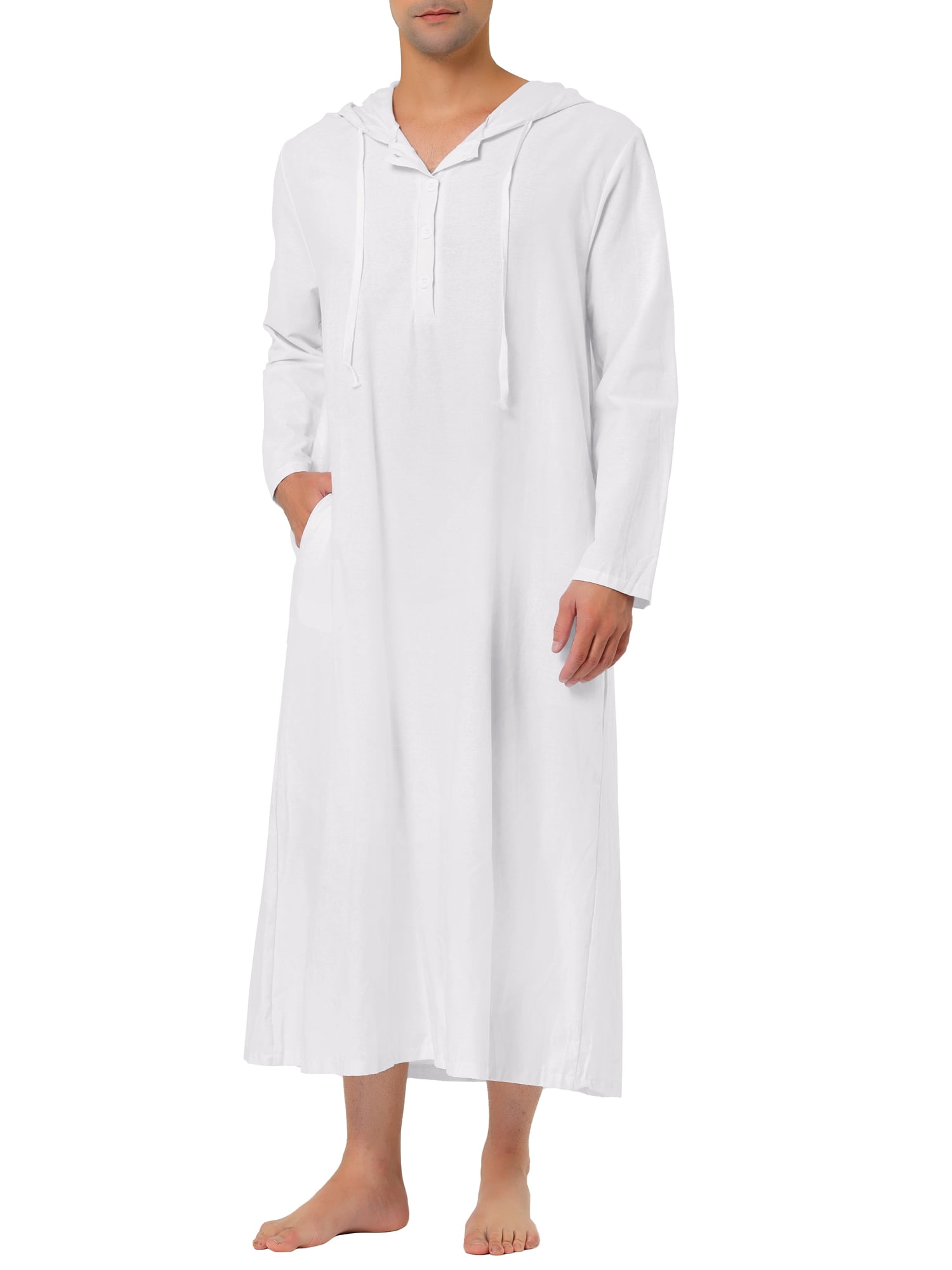 Unique Bargains Men's Nightshirt Long Sleeves Hooded Loungewear Nightgown Pajamas 2XL White