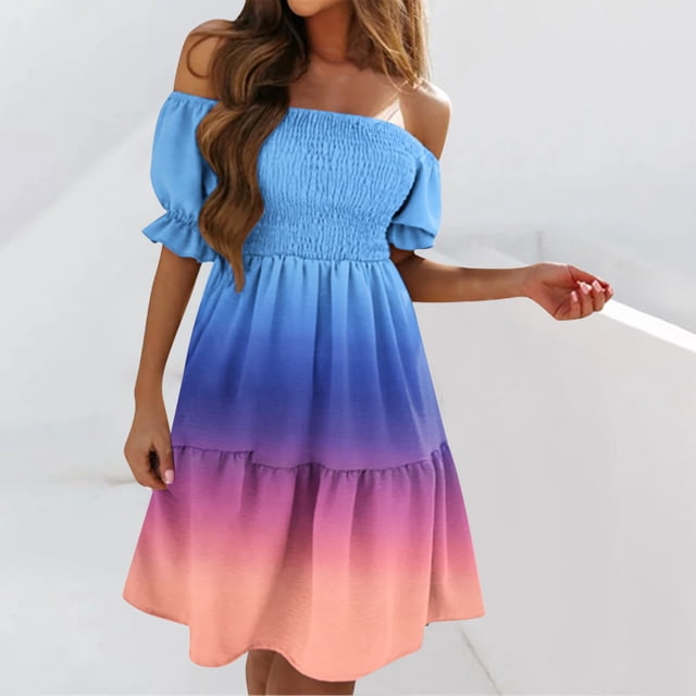 EGNMCR Robes d'Été Femmes Tendance Robe d'Été pour Femmes Imprimée à Manches Courtes Épaules Froncées