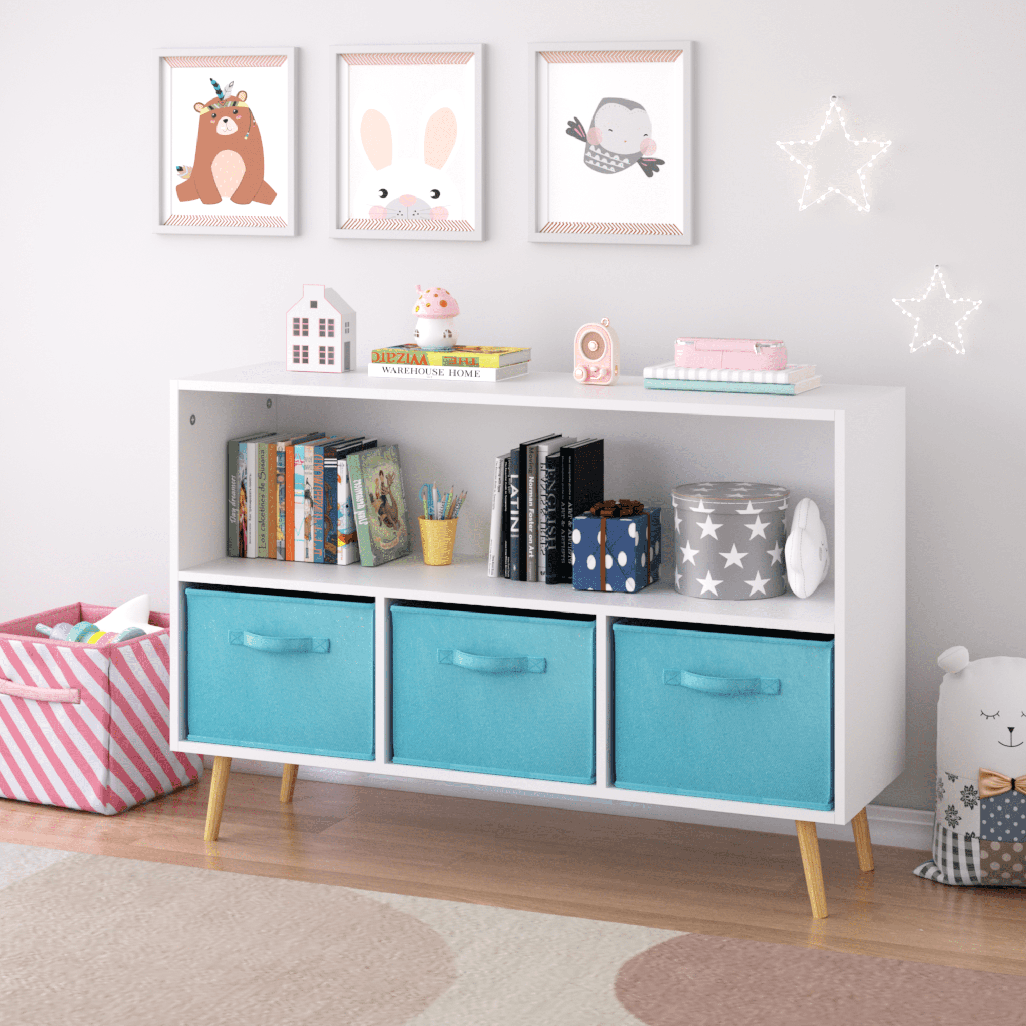 Baby Furniture, Kids bookcase with Collapsible Fabric Drawers, Children's Book Display, Toy Storage Cabinet Organizer, White/Blue, White+Blue Kids Furniture,Mdf Kids Furniture