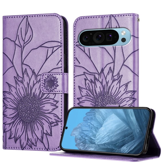 Dteck Magnetic Wallet Case for Google Pixel 9 Pro XL,Flower Pattern Leather Case Built-in Card Slots Shockproof Kickstand Cover for Google Pixel 9 Pro XL,Purple