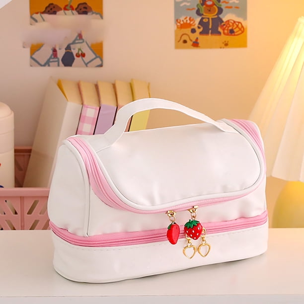 Estuche para lápices de poliuretano con bonitos dibujos, impermeable, de 2 capas, portátil, con cremallera doble en forma de fresa, color rosa