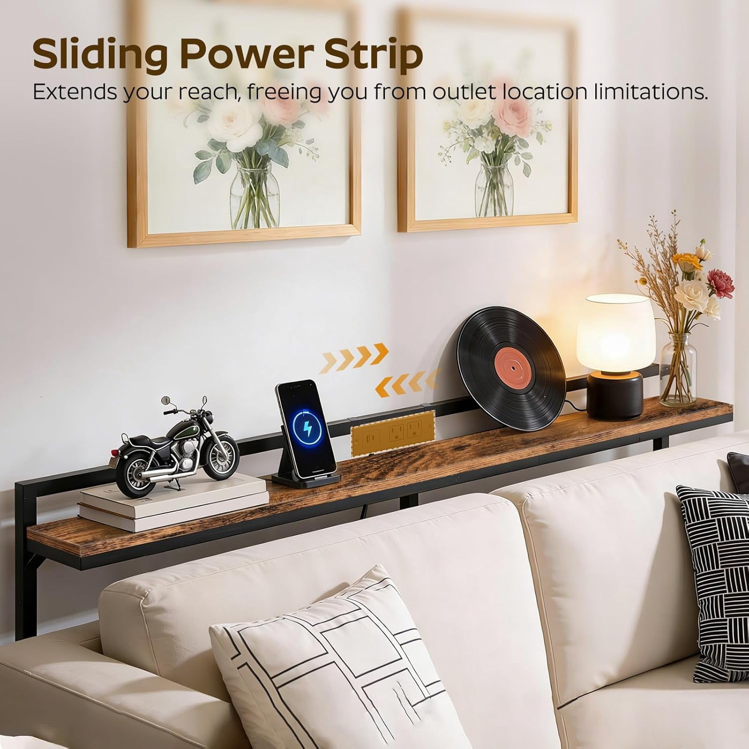 78.7'' Narrow Console Table Adjustable Height 27.6''-35.4'' with Outlet, Long Behind Couch Sofa Table Entryway Table Living Room Rustic Brown