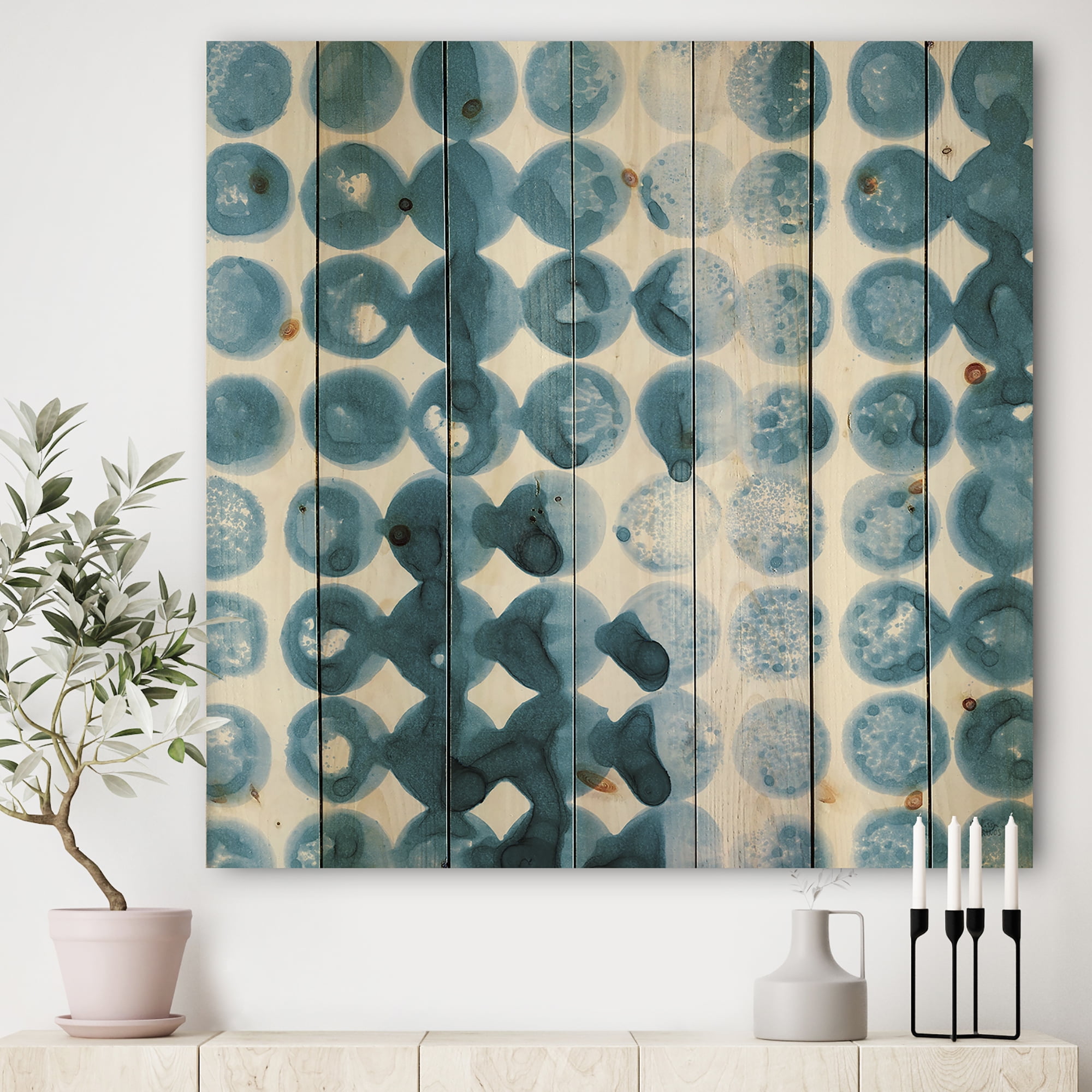 Designart 'Geometrical Watercolor Indigo VII' Contemporary Print on Natural Pine Wood