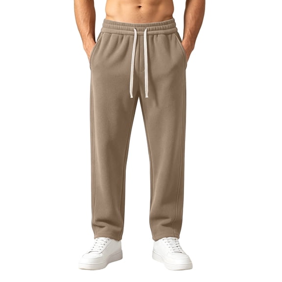 LODIENY Mens Double Sided Fleece Large Size (S-5XL) Pants Baggy Straight Leg Open Bottom Stretch Drawstring Heavyweight Warm Lounge Sweatpants with Pockets Khaki L