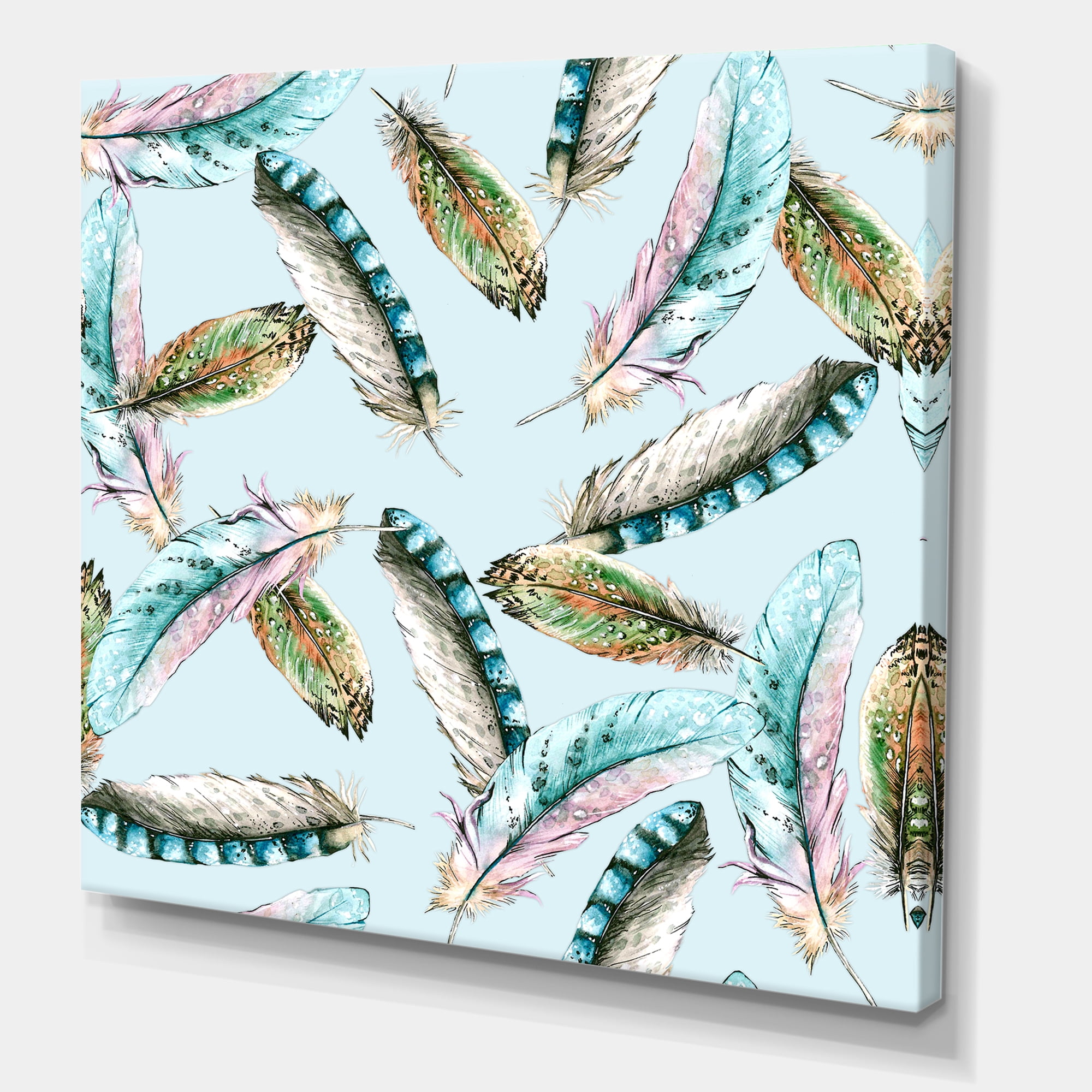 Designart ' Green Bird Feathers On Blue Background ' Bohemian & Eclectic Canvas Wall Art Print