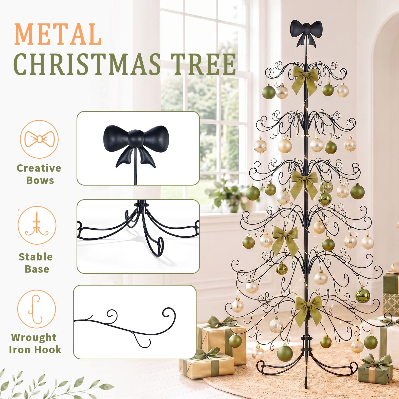 6ft PVC Metal Artificial Christmas Tree with Bow Topper, No Extra Ornaments, Daily Decor Tree, Black