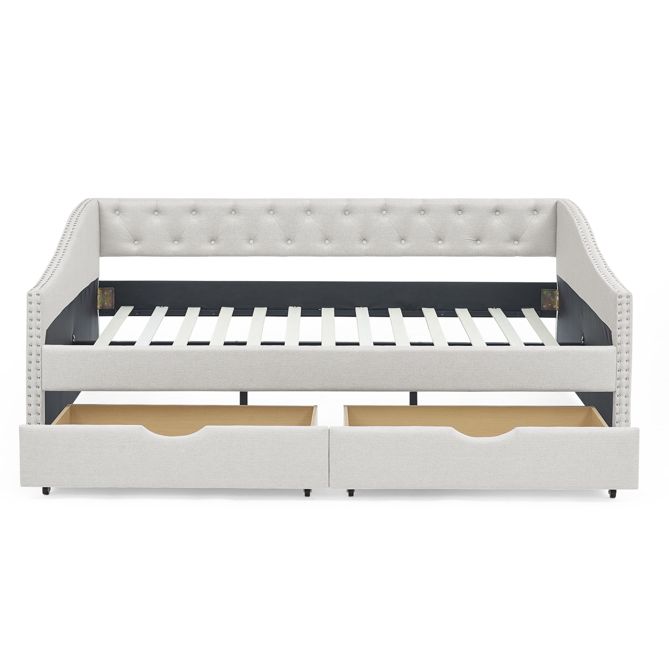 Noble House Full Size Button Tufted Daybed, Linen Sofa Bed Frame with Storage Drawers and Nailhead Waved Arms, Beige