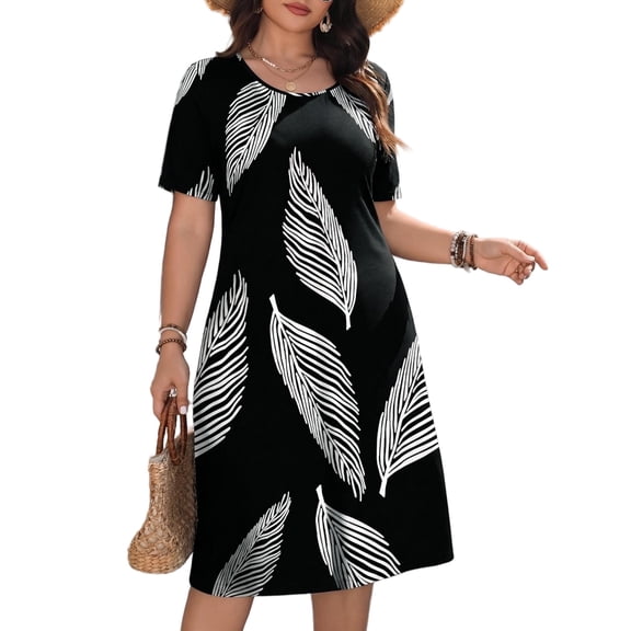 Mengpipi Women's Dresses Summer Short Sleeve Round Neck Pocketed Loose Leaf Print Casual Gown 1X-4X