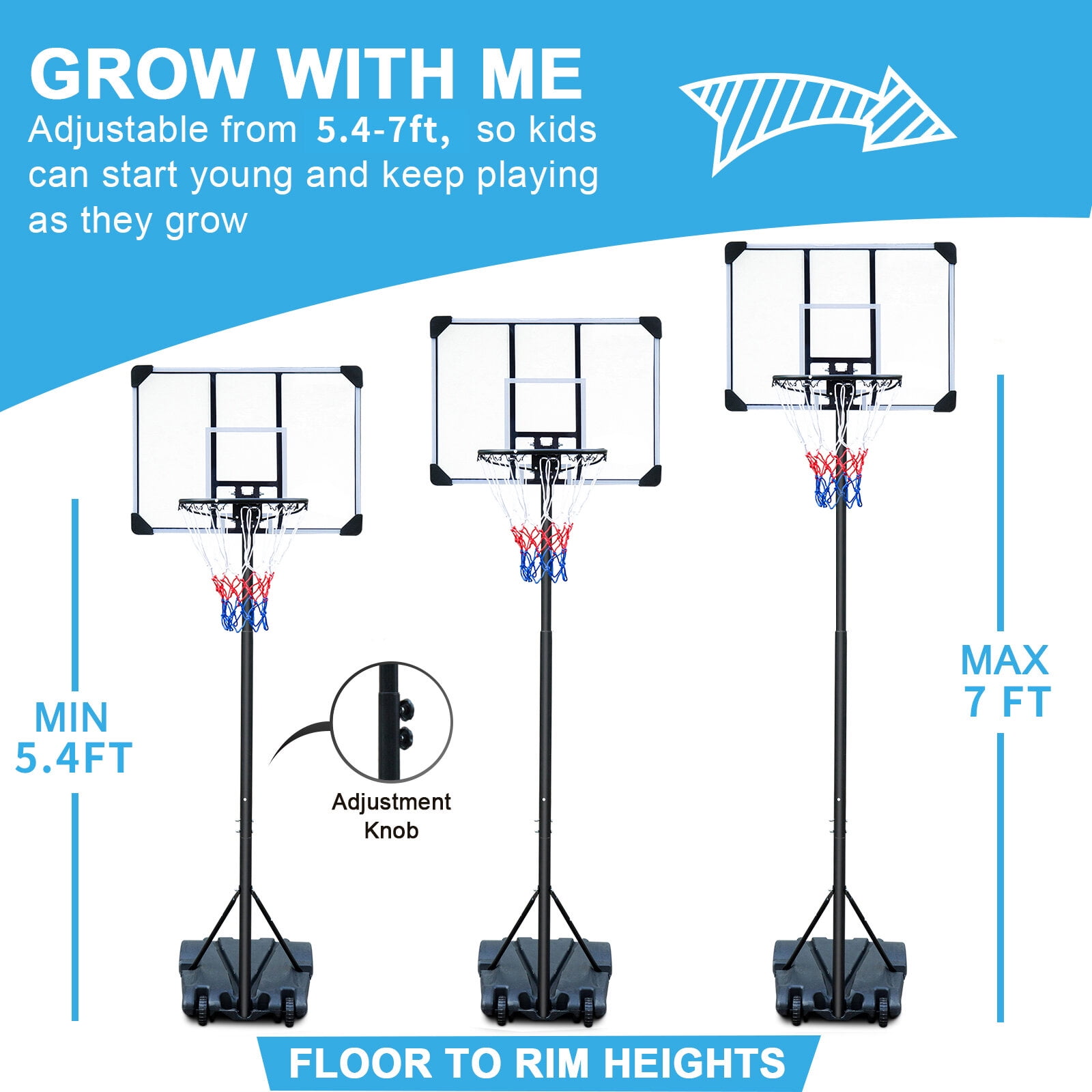 Basketball Hoop Portable Basketball Hoop Stand with Wheels for Kids Youth Adjustable Height 5.4ft - 7ft Use for Indoor Outdoor Basketball Goals Play Set,Basketball Goal