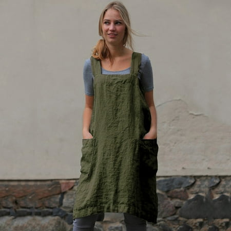 

STEADY Women Cotton Linen Pinafore Square Cross Apron Garden Work Pinafore Dress - Cooking Kitchen Chef Arpon BBQ Work Painting - (1 Pack) Army Green XXXXL