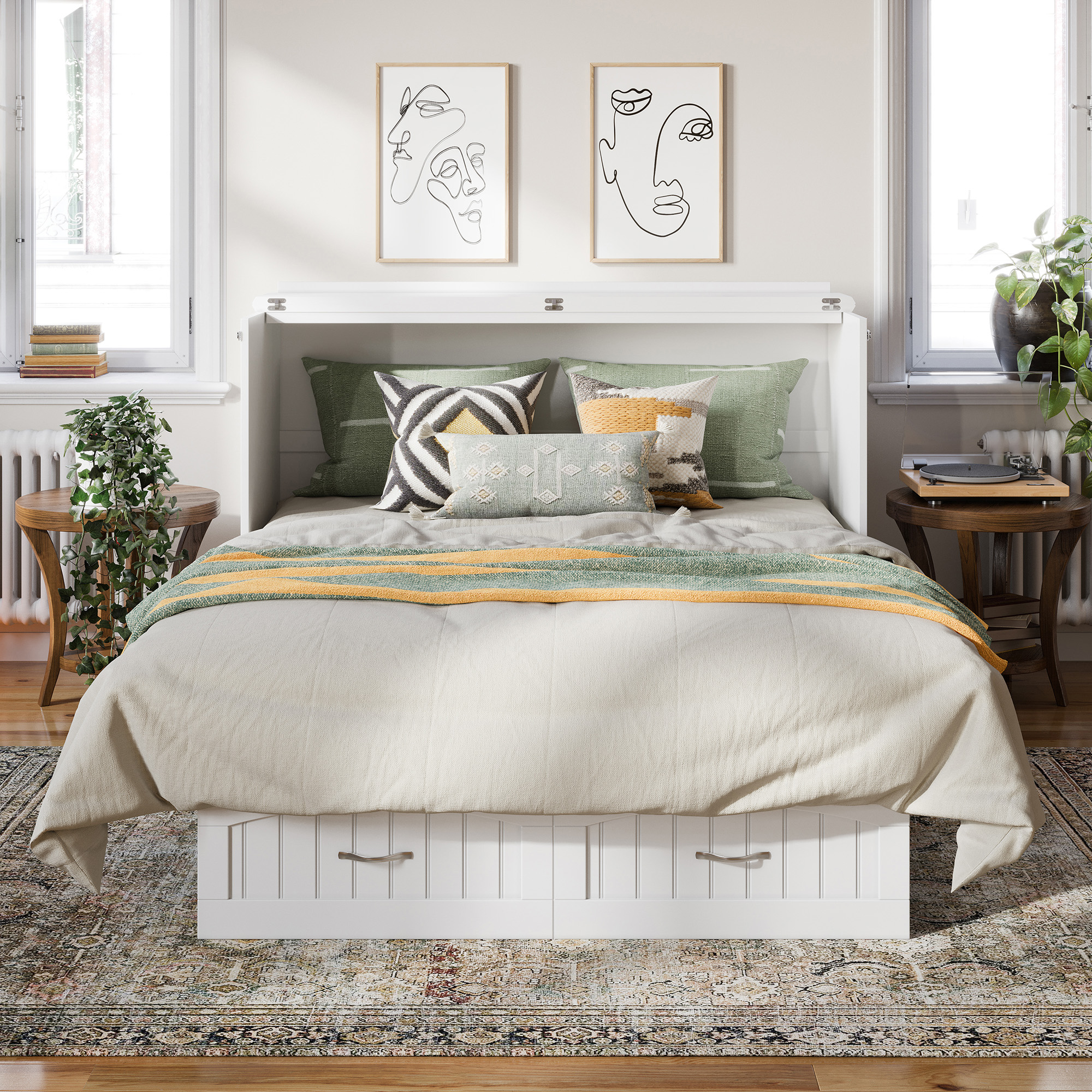 AFI Sydney Queen Murphy Bed Chest with 6" Mattress, Storage, & Built-in Charger, White