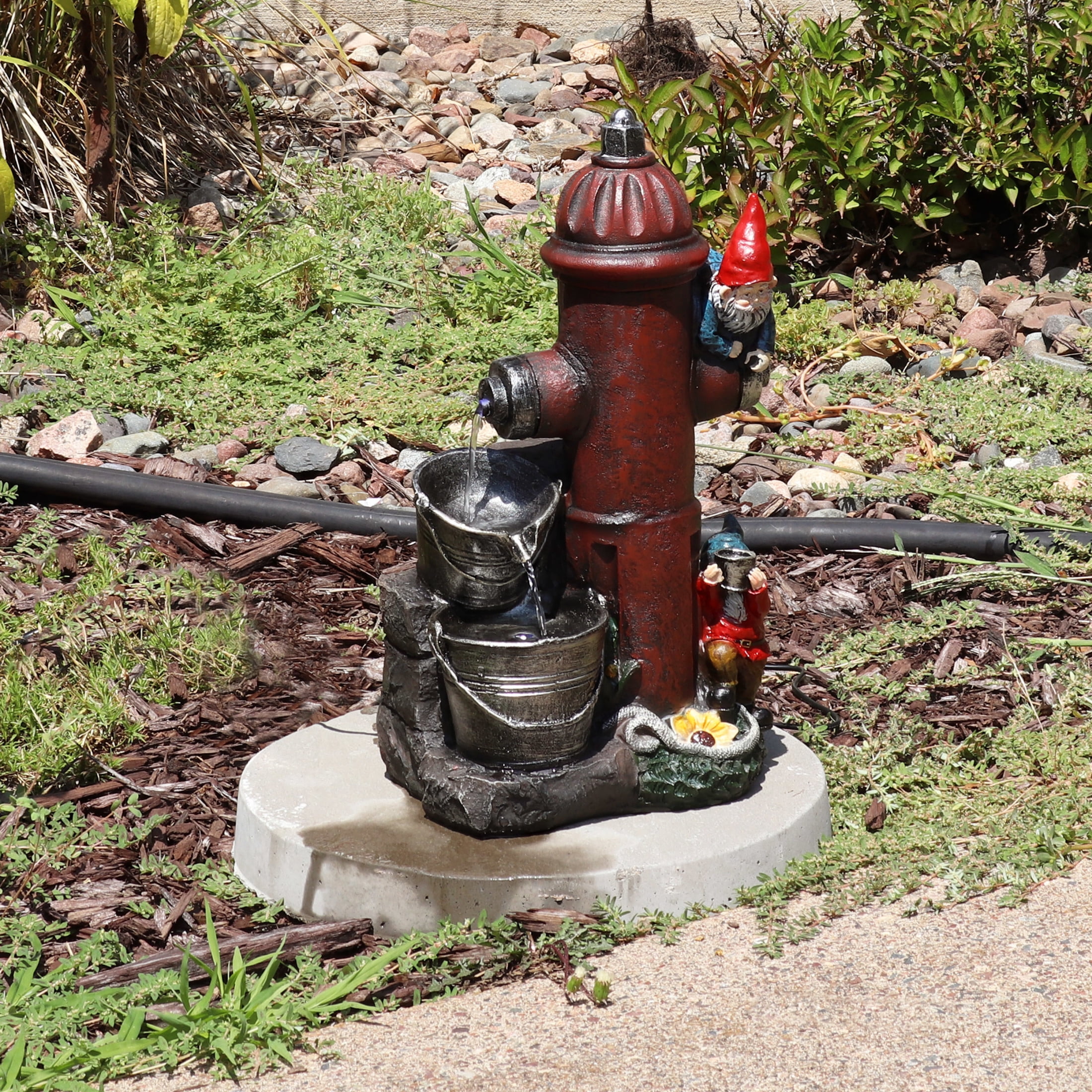 Sunnydaze Fire Hydrant Gnomes Polyresin Outdoor Water Fountain with Lights