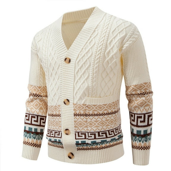 SUYIDA Men's Fall Winter Sweater,Winter Arrival Fashion Intarsia Knit Sweater Coat Open Front Cardigan Soft Warm Loose Fit Casual Pullover Top For Fall Season