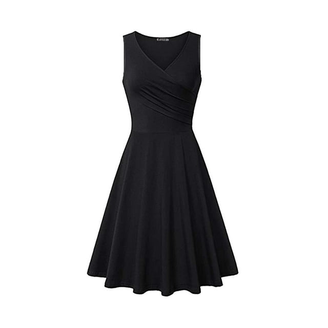 WTXUE Robes Chemises, Robes Chemises Sans Manches pour Fête de Thé Col en V, Robe Décontractée pour Femmes Robe T-Shirt Ajustée Robe Évasée Robe Unie Froncée Robe Mi-Longue Unie pour Femmes, Noir Taille m