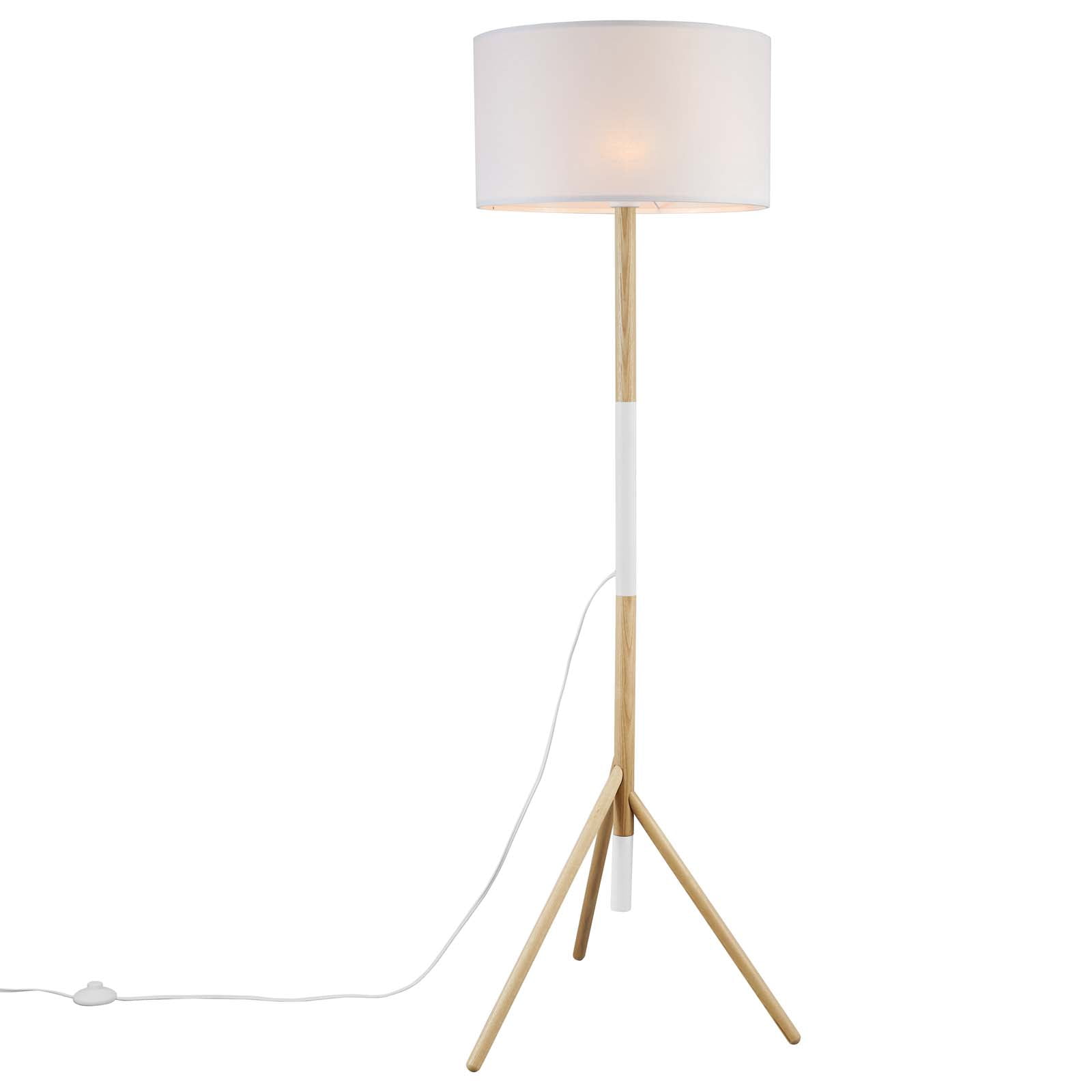 Mid-Century Modern White Natural Wood Tripod Floor Lamp