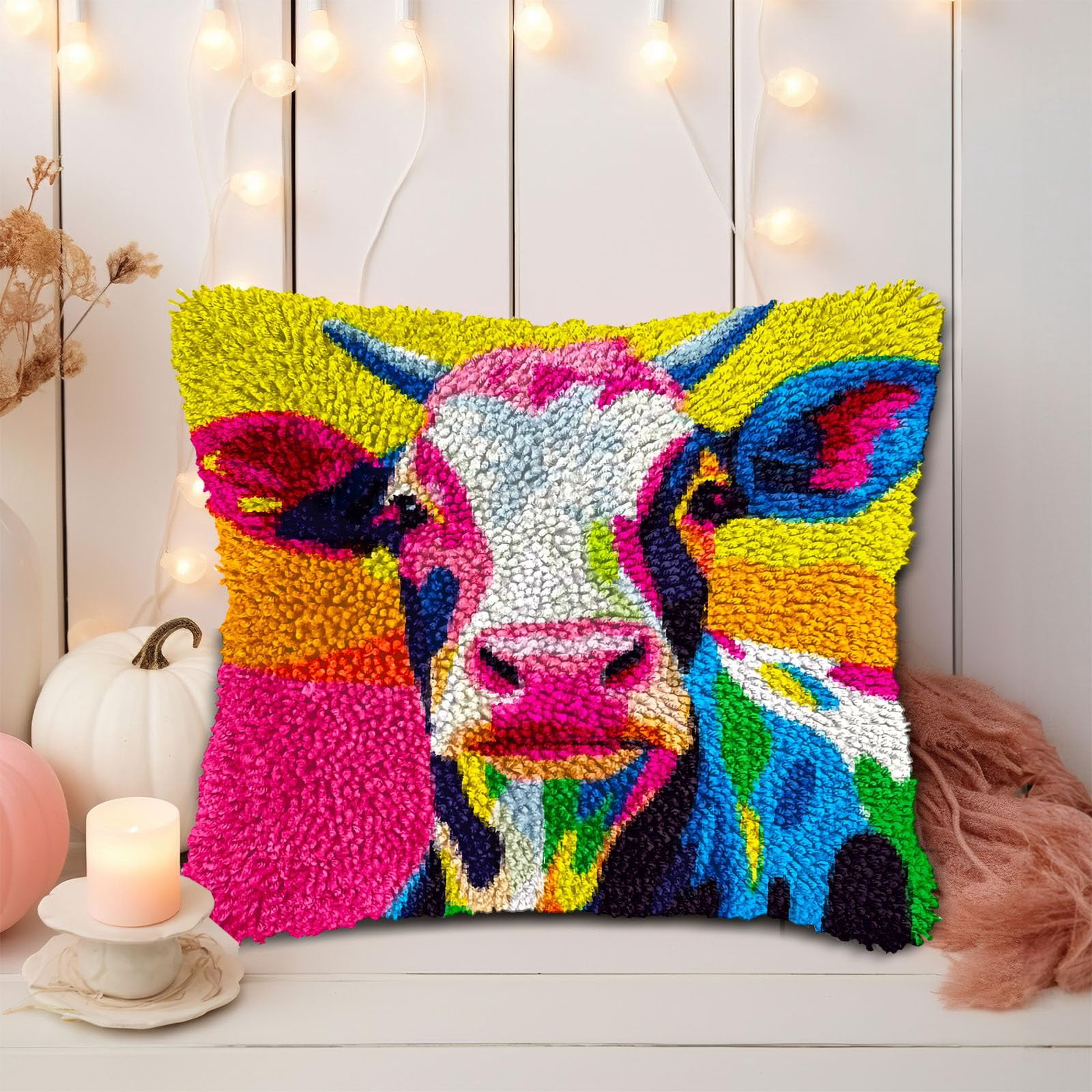 Colored Dairy Cow DIY Latch Hook Pillow Kits for Adults Printed Pillowcase Crochet Yarns Hooking Handmade Pillow Cover Cushion for Home Sofa Decoration 17x17inch