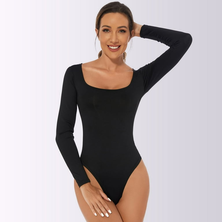 Defitshape Women's One Piece Leotard Long Sleeve Bodysuit Slimming Fall  Fitted Cotton Casual Jumpers And Rompers Black X-Large