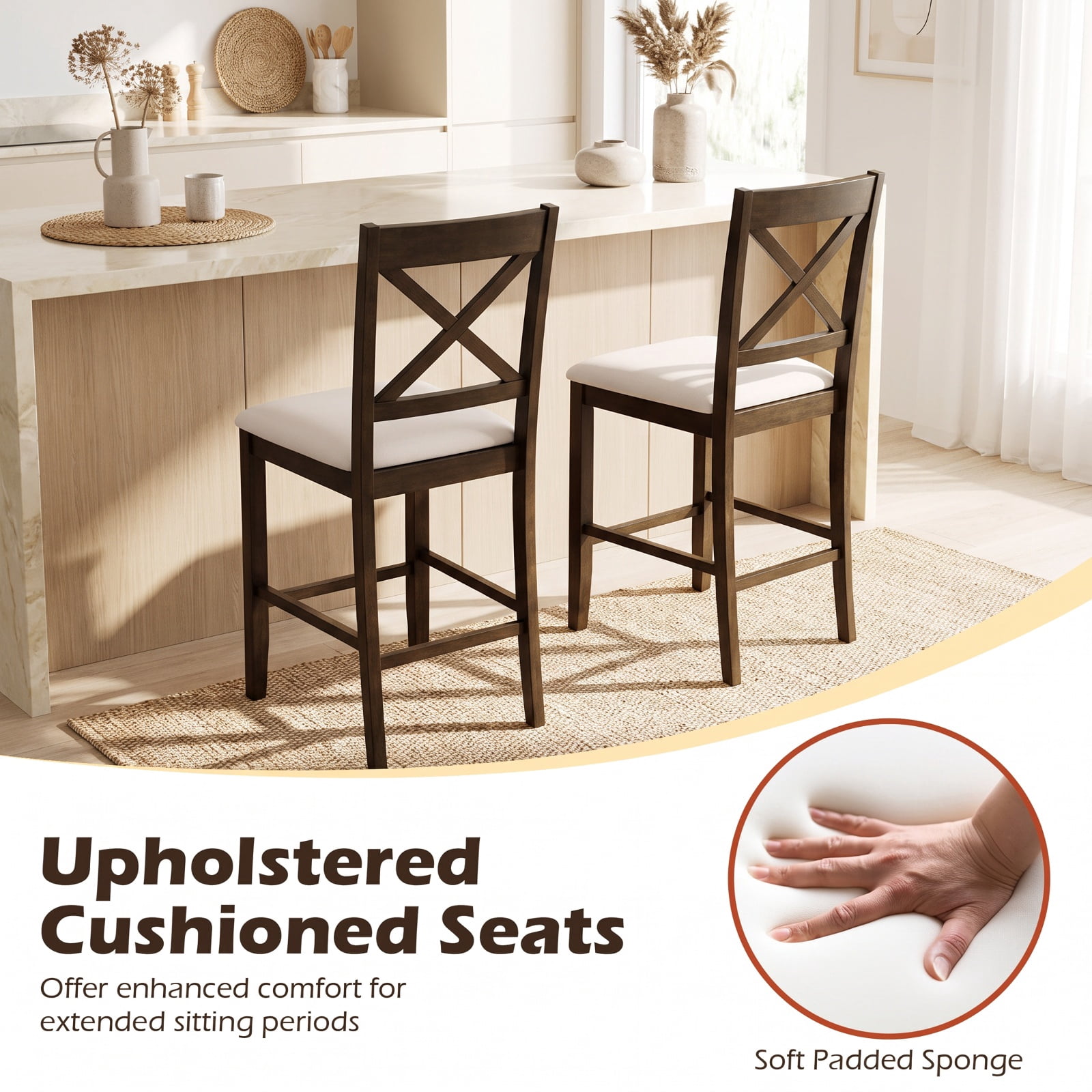 Furnibear Set of 2 X-Back Bar Stools with Upholstered Cushioned Seats and Rubber Wood Frame