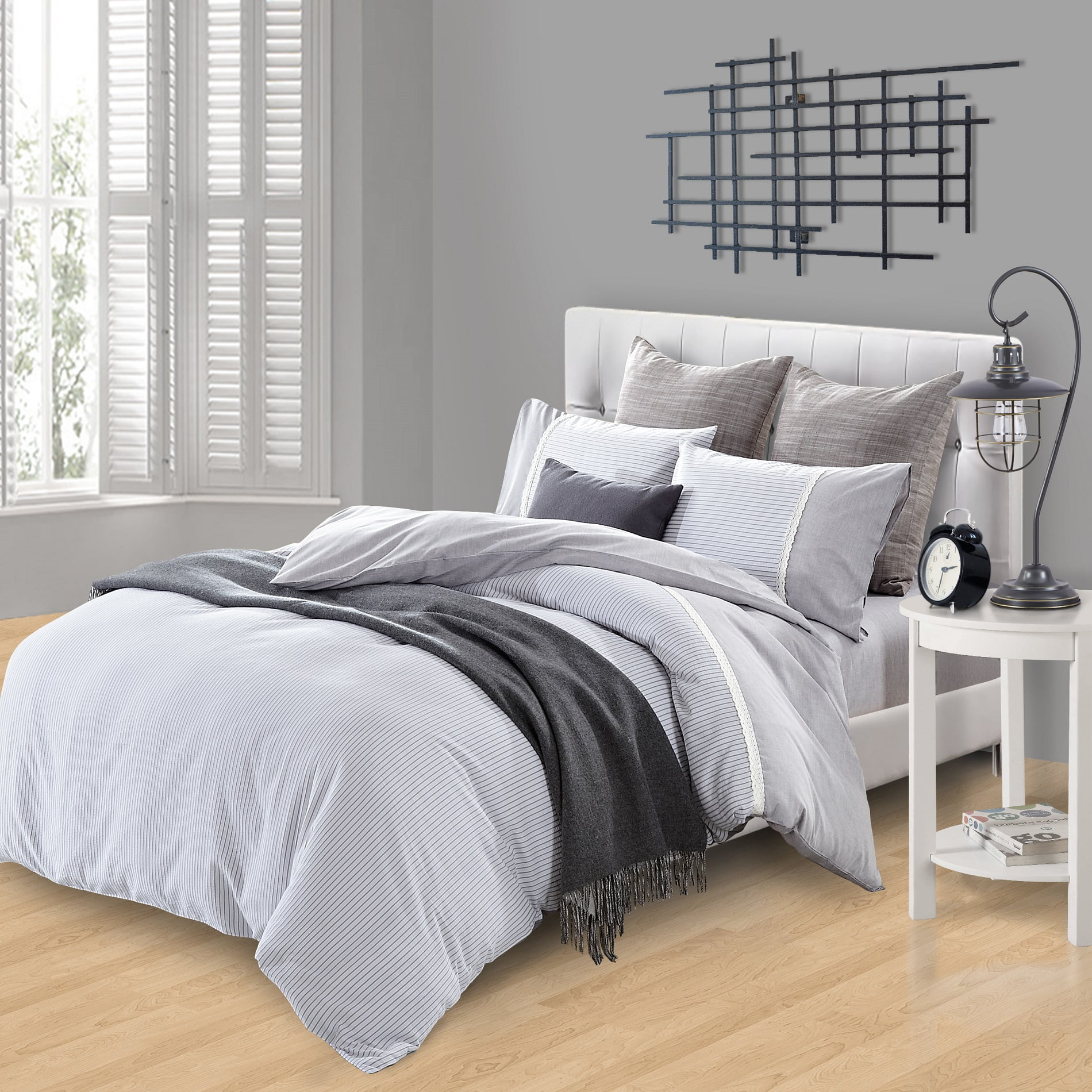 Extremely Soft Twin/Twin XL, Grayish White LIFETOWN Jersey Knit Cotton Striped Duvet Cover Twin/Twin XL Size Duvet Cover Set 3 Pieces 