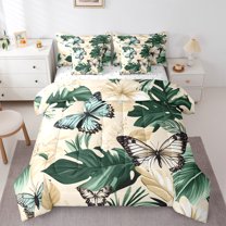 Manfei Falm Monstera Leaf 7 Pieces Bedding Comforter Set,Wild Butterfly Full Bedding Set,Green Beige Cyan Fitted Sheet Flat Sheet For Girls Boys,Breathable Home Decor