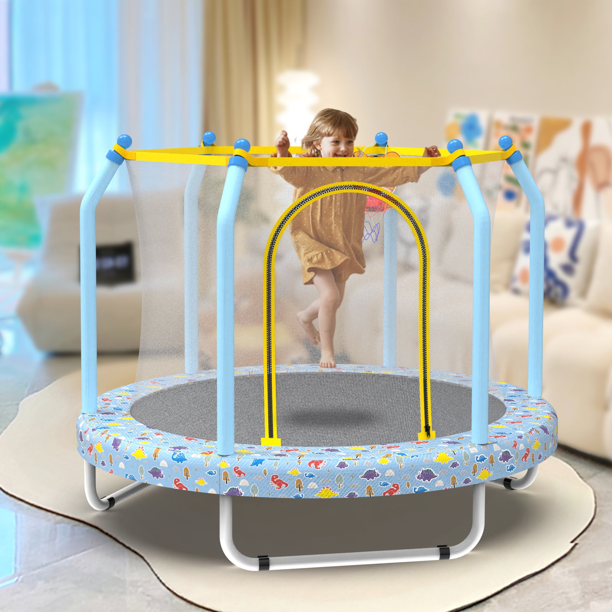 55 Inch Printed Blue Kids Trampoline with Basketball Hoop, Indoor Outdoor Toddler Trampoline