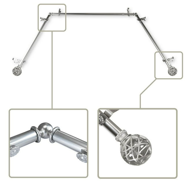 Rod Desyne 13/16" Dia Adjustable Bay Window Single Curtain Rod in Satin Nickel with London Finials