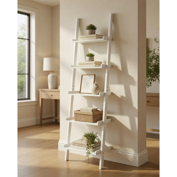 Spaco 5-Tier Wall-leaning Ladder Shelf Display Rack for Plants and Books-White, Tall Bookshelf, Shelves for Living Room, Home Office, Bedroom, Balcony