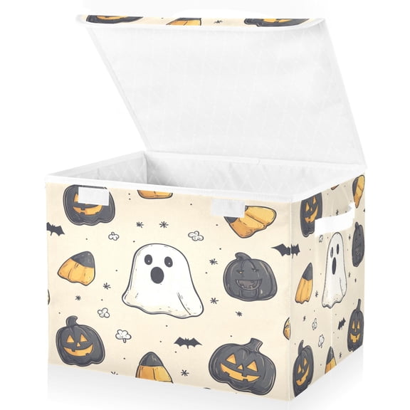 Yayeee Collapsible Cube Storage Bin with Lid Fabric Closet Decorative Basket with Handles, Halloween Black Pumpkins