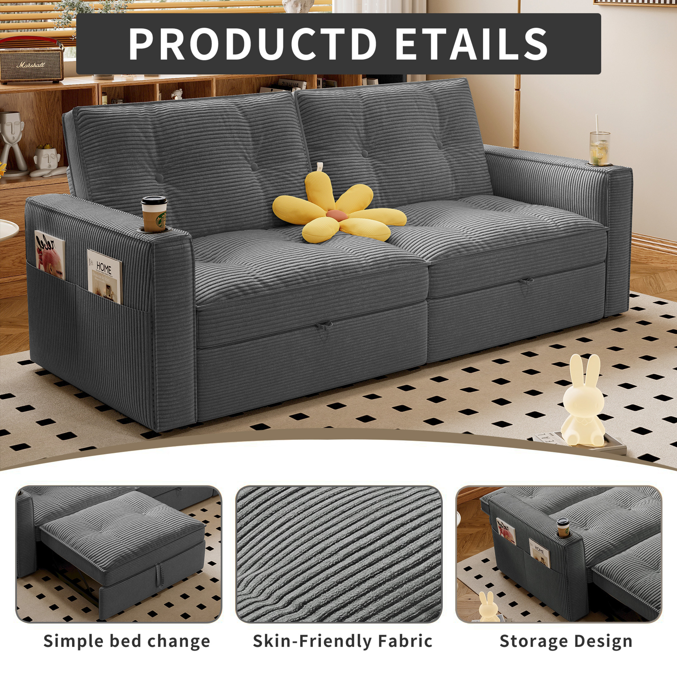 Noble House 2-in-1 Convertible Pull Out Sofa Bed with Adjustable Backrest, 73" Modern Corduroy Sleeper Couch, Gray