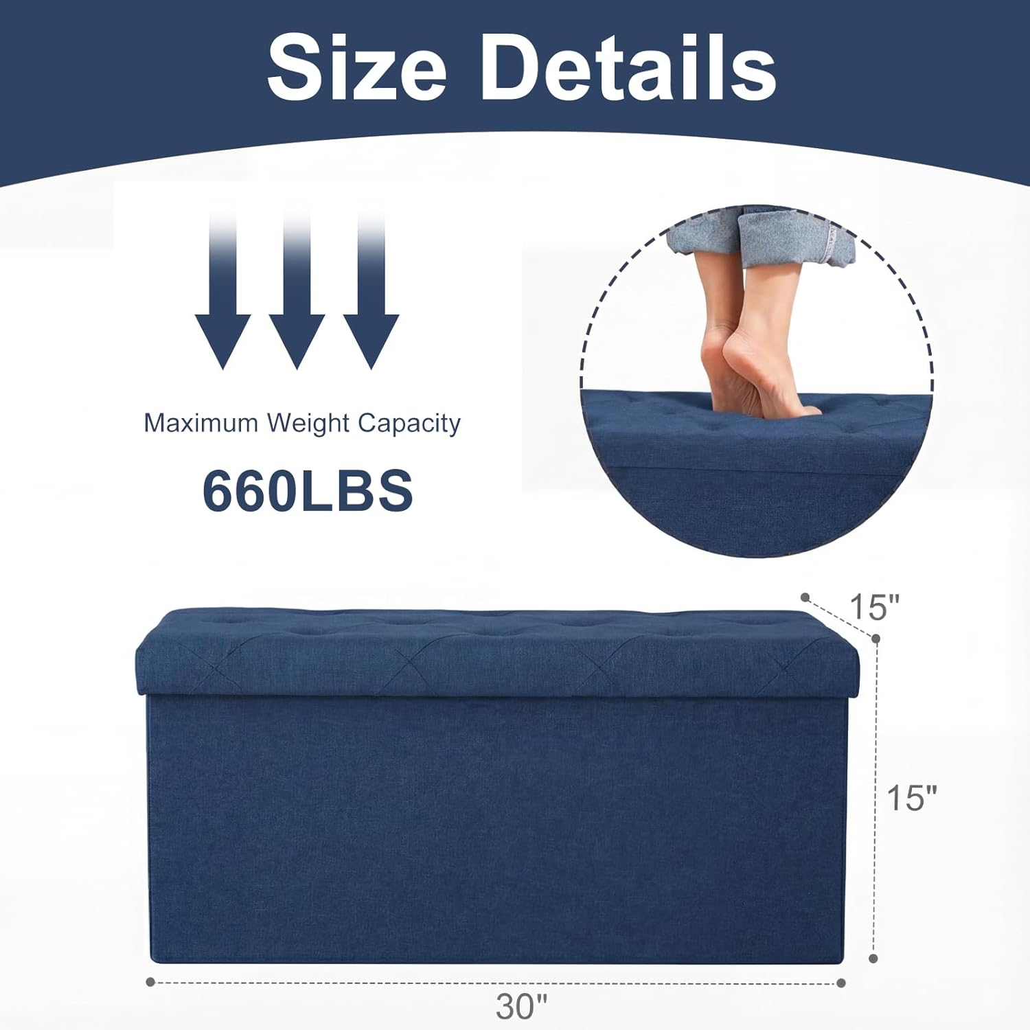 Accver 30-Inch Foldable Storage Ottoman Bench, Blue photo 3